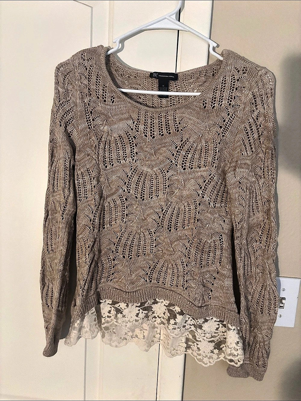 INC International Concepts Lace Hem Open Knit Sweater Size Medium